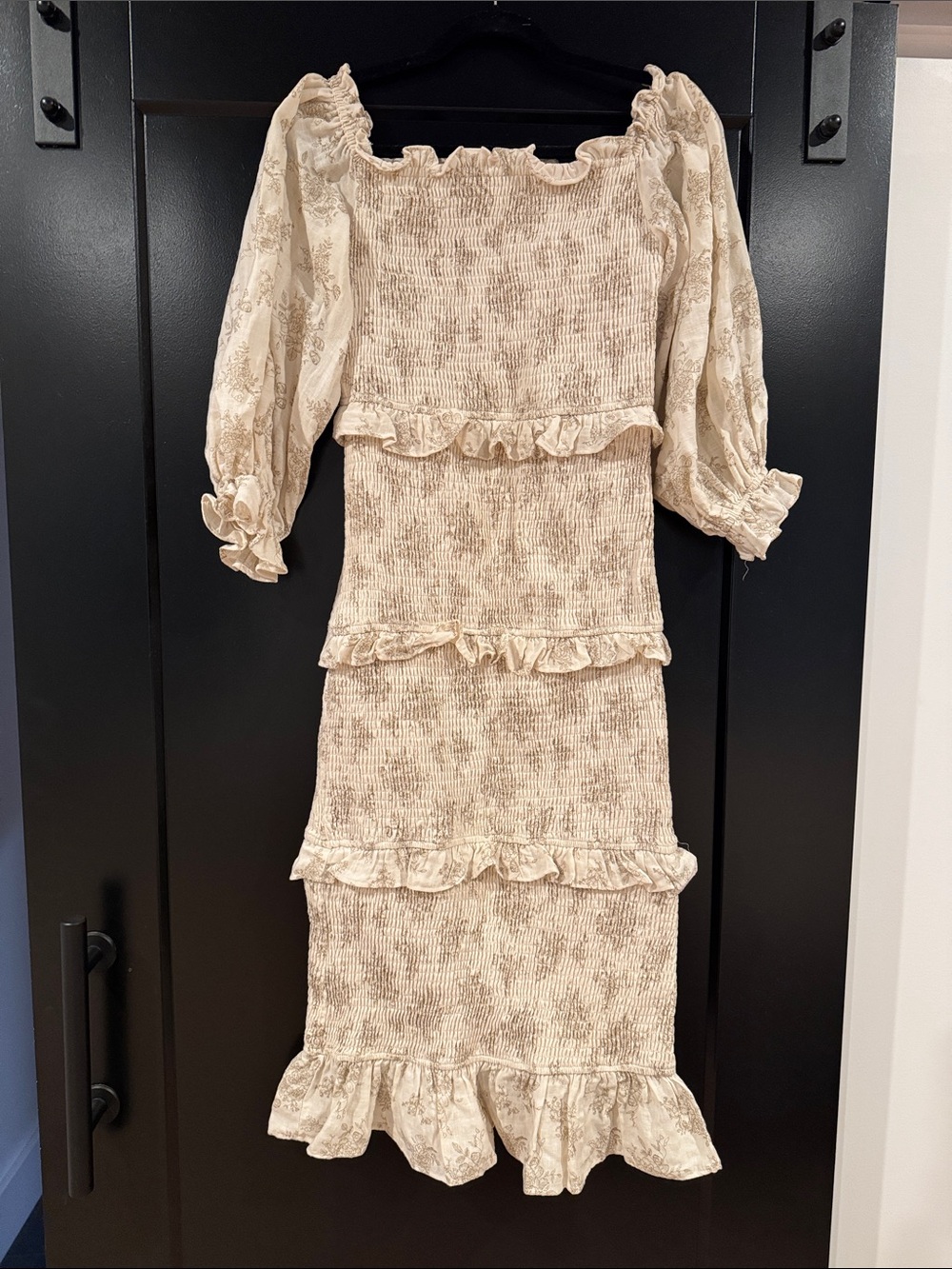 Cream Ruffled Midi Dress with Puff Sleeves